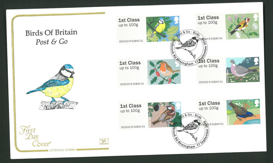 2010 Cotswold Birds of Britain Post & Go First Day Cover,Birdbrook Rd Birmingham Postmark